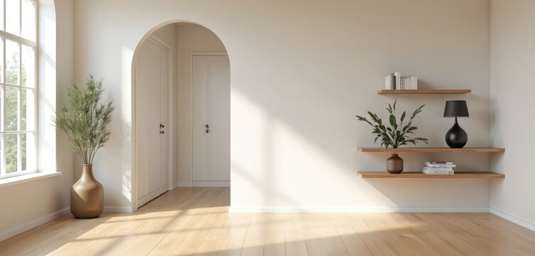 Empty room interior with wooden floor and sunlight from a window. Minimalist Japandi style home design with arch doorway. Modern living space with shelves, books, and house plants.