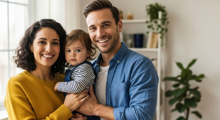 Happy family embraces in observance of Adoption Month, standing together in their bright home. Adoption Month is a time for celebrating love and unity,