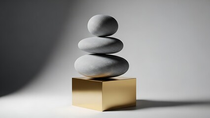 Zen balance of smooth stones stacked on a golden cube