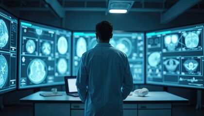 Scientist wears white lab coat, looking at multiple large screens. Displays show advanced medical imaging scans of human brains, human bodies. Doctor works in modern lab, analyzing complex health