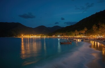Obraz premium Tropical island beach lights up at night. People relax on sand near calm ocean water, boats. Palm trees line shore below dark hills. Warm light from resorts reflects in sea creating beautiful