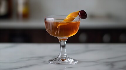 Classic dark amber cocktail served in a coupe glass with an orange peel twist and cherry garnish on a marble surface
