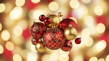 Festive cluster of red and gold christmas ornaments with soft glowing bokeh lights in the background