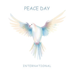 Watercolor peace card with white dove, light background, soft pastel colors, International Day of Peace, hand-painted style, clean and minimalistic. Vector
