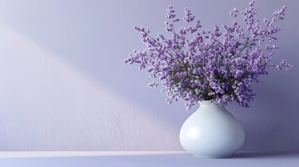 Soft purple flowers in a white vase with subtle light shadows