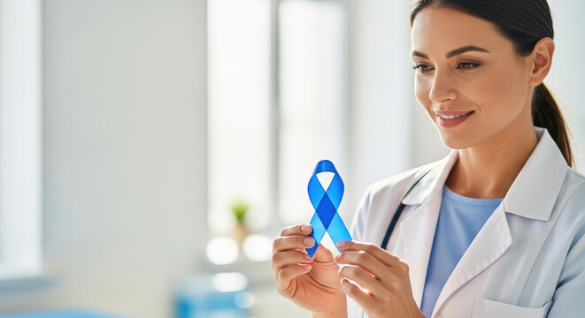Blue November for prostate cancer awareness with thoughtful doctor holding a blue ribbon. Blue November symbolizes support for men's health and wellbeing, promoting annual screenings.