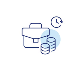 Briefcase, coins stack and clock. Investment return, portfolio and work. Pixel perfect, editable stroke vector icon