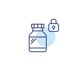 Bottle of pills and lock. Protected medication data, secure pharmacist prescriptions. Pixel perfect, editable stroke vector icon