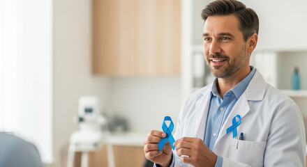 Handsome doctor supporting Blue November awareness with blue ribbon, a symbol. Blue November campaign reminds of prostate cancer awareness, with medical professional showing support and giving hope.