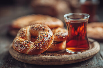  Turkish street food, simit bread with sesame seeds, glass of Turkish tea, urban minimal background