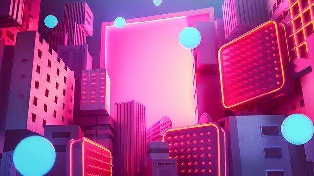 Vibrant neon cityscape with glowing spheres