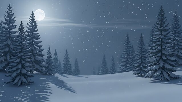 Enchanting winter forest scene under a bright full moon with gentle snowfall creating a serene and magical atmosphere - Powered by Adobe