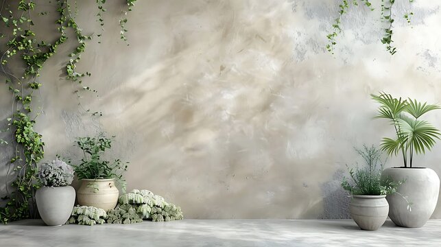 Indoor plants and textured wall create a serene botanical backdrop