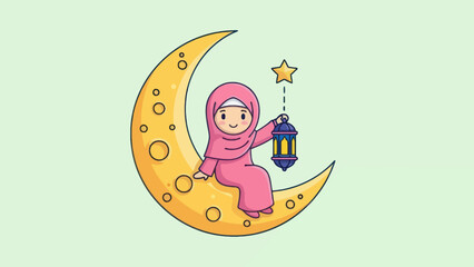 A cute cartoon Muslim girl in a pink hijab sits on a crescent moon, holding a traditional Ramadan lantern.