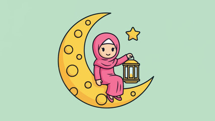 A cute cartoon Muslim girl in a pink hijab sits on a crescent moon holding a Ramadan lantern.