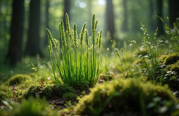 Fototapeta premium Green horsetail plants grow in forest with sun. Moss covered ground. Dark blurred trees in background. Early morning forest scene with natural landscape and vivid colors.