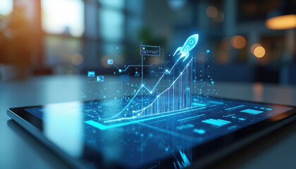 Digital tablet shows hologram of rocket rising on growing chart. Idea of business growth, data analysis, investment planning and success. Startup concept and modern innovative workspace solutions.