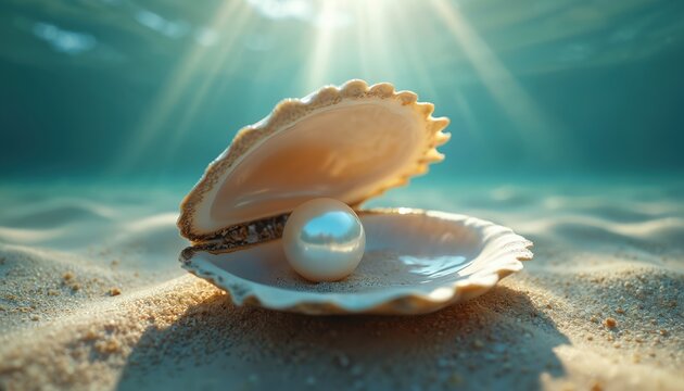 Shiny pearl lies in seashell on sandy sea bottom under sunlight. Light beams break in blue water. Concept of wealth, ocean treasure, jewelry, beauty, calm and relax.