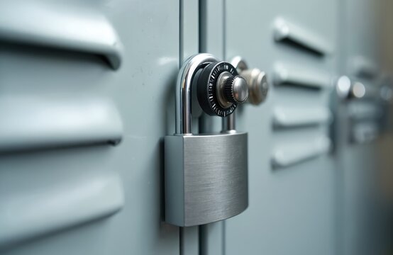 Close up of metal lockers with combination dial lock. Personal storage units secured with padlock. Secure place for belongings in gym or school. - Powered by Adobe