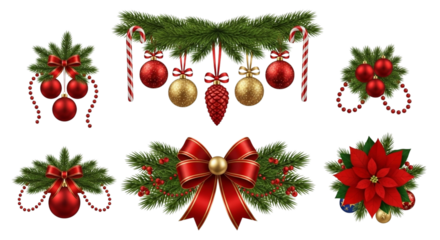 Collection of festive christmas holiday decorations featuring fir branches, red and gold ornaments, candy canes, berries, and a large red bow isolated on transparent background