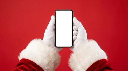 Santa claus holding mobile phone with blank screen in gloves for promo on red background
