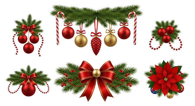 Collection of festive christmas holiday decorations featuring fir branches, red and gold ornaments, candy canes, berries, and a large red bow isolated on transparent background