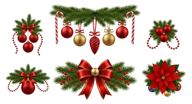 Collection of festive christmas holiday decorations featuring fir branches, red and gold ornaments, candy canes, berries, and a large red bow isolated on transparent background