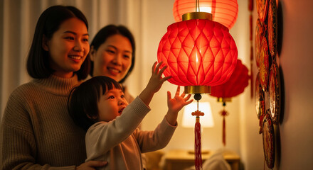 Family admiring traditional lanterns