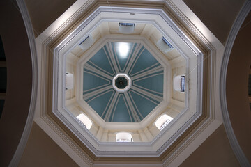 Low Angle View Looking Up at Neoclassical Octagonal Church Dome and Lantern, Featuring Pale Blue and White Geometric Architecture, Petersfield, Hampshire