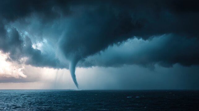 Dramatic Waterspout Forming Over Ocean, Dark Storm Clouds, Atmospheric Phenomenon. - Powered by Adobe