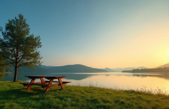 Empty wooden picnic table, bench sit on green grass. Calm lake water reflects golden light of sunrise sunset sky. Distant mountains, tall tree frame quiet, peaceful natural landscape perfect for