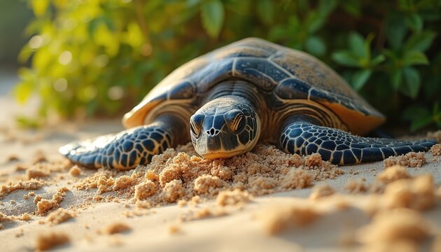Close view sea turtle nesting. Marine reptile covers her eggs, protects them. Turtle nests in sand on tropical beach. Concept eco conservation of nature and endangered species sea animals.