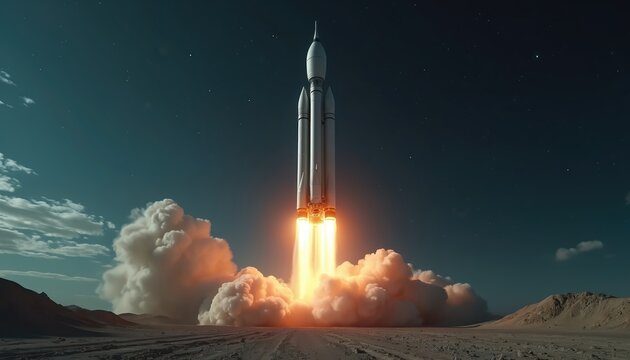 Massive rocket launches from desolate barren landscape at night. Powerful engines ignite with bright orange flames, creating immense smoke plumes. Spacecraft ascends into dark starry sky. Signifies - Powered by Adobe