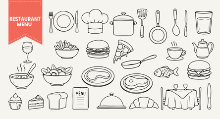 Hand Drawn Restaurant Menu Vector Set | Outline Icons of Chef Hat, Plates, Cutlery, Cooking Utensils, and Meal Items for Food Service and Culinary Design.
