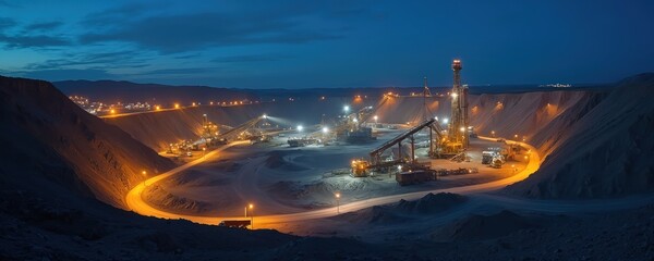 Vast open pit mine operates at night under deep blue sky. Bright artificial lights illuminate heavy machinery, long conveyor belts, drilling rig, massive ore piles. Mining trucks transport raw