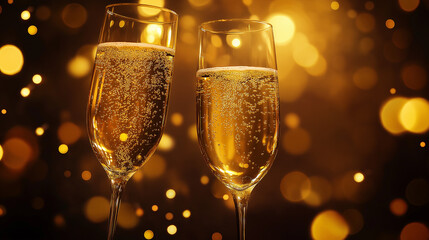Celebrate with this glamorous champagne cheers in a glowing bokeh background perfect for New Year's Eve