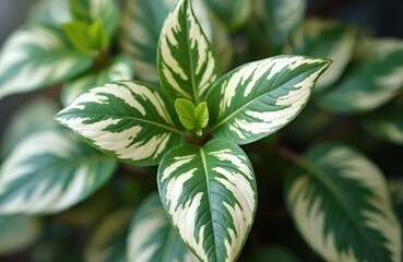 Ficus benjamina plant with decorative variegated leaves. Home gardening concept. Green foliage with white pattern. Houseplant, indoor decoration. Beauty in nature, eco trend. Fresh greenery,