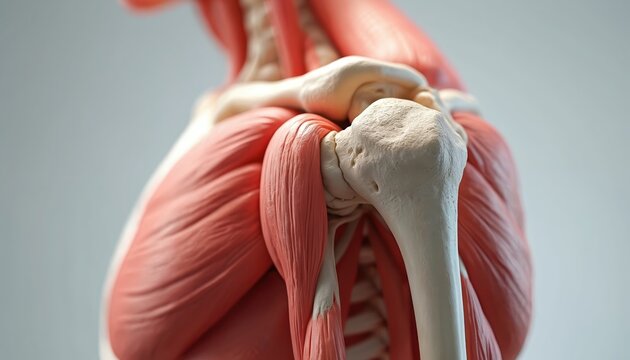 Human shoulder joint anatomy model shows detailed bones, muscles, including tendons, ligaments. Medical illustration helps understand structure, function. Visual aid for study, education, health info