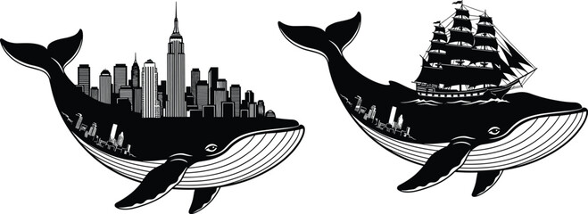 Two whales with cityscape and sailing ship on backs, surreal black white illustration blending nature and civilization themes, flat vector © MD
