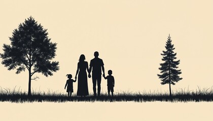 Silhouette of family with two children holding hands in nature. Parents with son, daughter walk on grass near trees. People enjoy peaceful moment outdoors showing love unity, happy childhood in
