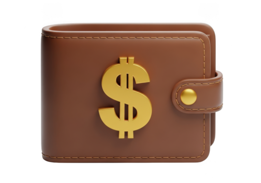 3d rendered brown leather wallet with gold dollar sign, finance, money, currency, savings, investment, wealth isolated on transparent background