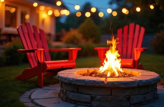 Fototapeta Outdoor fire pit burns brightly with hot flames in cozy backyard space. Two red Adirondack chairs offer comfortable seating for evening leisure. Warm string lights glow overhead, setting relaxed