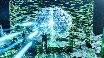 A glowing brain structure surrounded by a crystal-like city, set against a star-filled background - Powered by Adobe