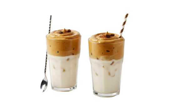 Cups of tasty dalgona coffee set against a white background
