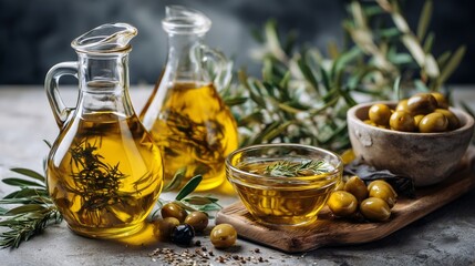 Glass bottles of golden olive oil sit beside fresh olives and herbs, showcasing Mediterranean richness and culinary tradition. The image conveys freshness, indulgence, and rustic charm.