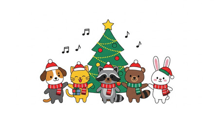 Obraz premium Cute Christmas animals singing carols around the tree, spreading holiday cheer with joyful tunes and heartwarming festive spirit, perfect for seasonal greetings