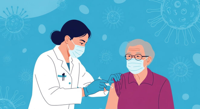 Healthcare hero giving senior patient vaccine injection for protection against virus in a caring medical environment for community health and safety