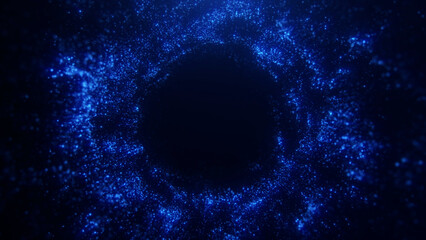 Blue digital particles forming a vortex ring with a futuristic high-tech look on a dark space background. Energetic circular movement with neon light effect and dynamic depth. © Vooper
