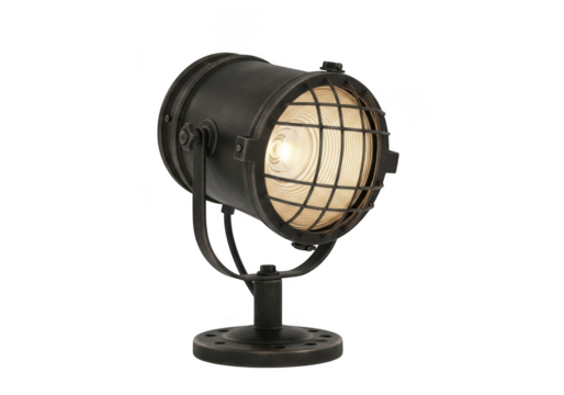 Vintage industrial spotlight table lamp with cage, retro desk lighting fixture, studio light design element, isolated on transparent background - Powered by Adobe