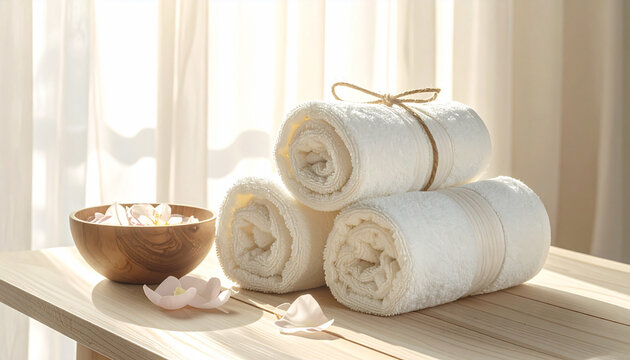 Organizing rolled towels for spa retreat tranquil space home decor relaxation aesthetic appeal